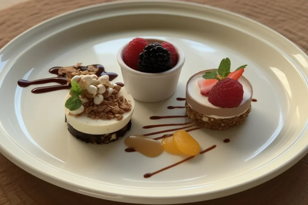 Desserts made with cottage cheese, including cheesecake, chocolate mousse, and honey cups with nuts