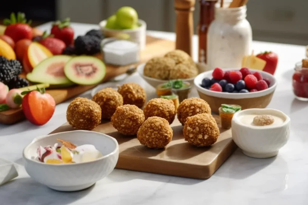 Healthy snack ideas with cottage cheese, including parfaits, veggie dip, and energy balls.