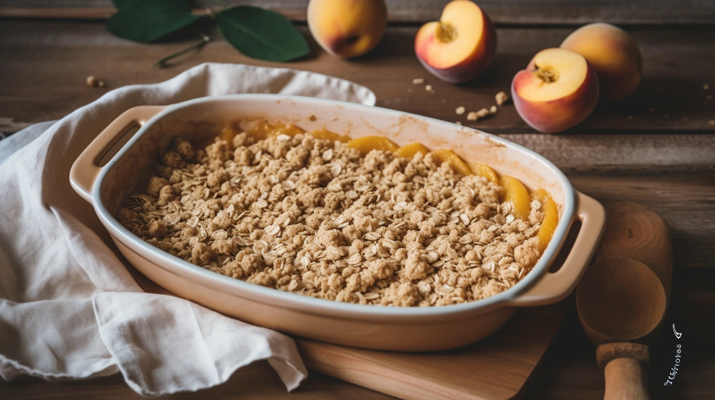 Peach crumble in a baking dish before baking, topped with golden crumble and surrounded by baking ingredients.