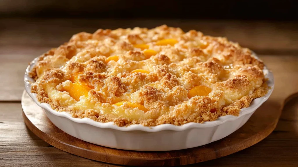 A freshly baked peach crumble in a rustic baking dish, topped with a golden-brown buttery crumble and served with a scoop of vanilla ice cream.